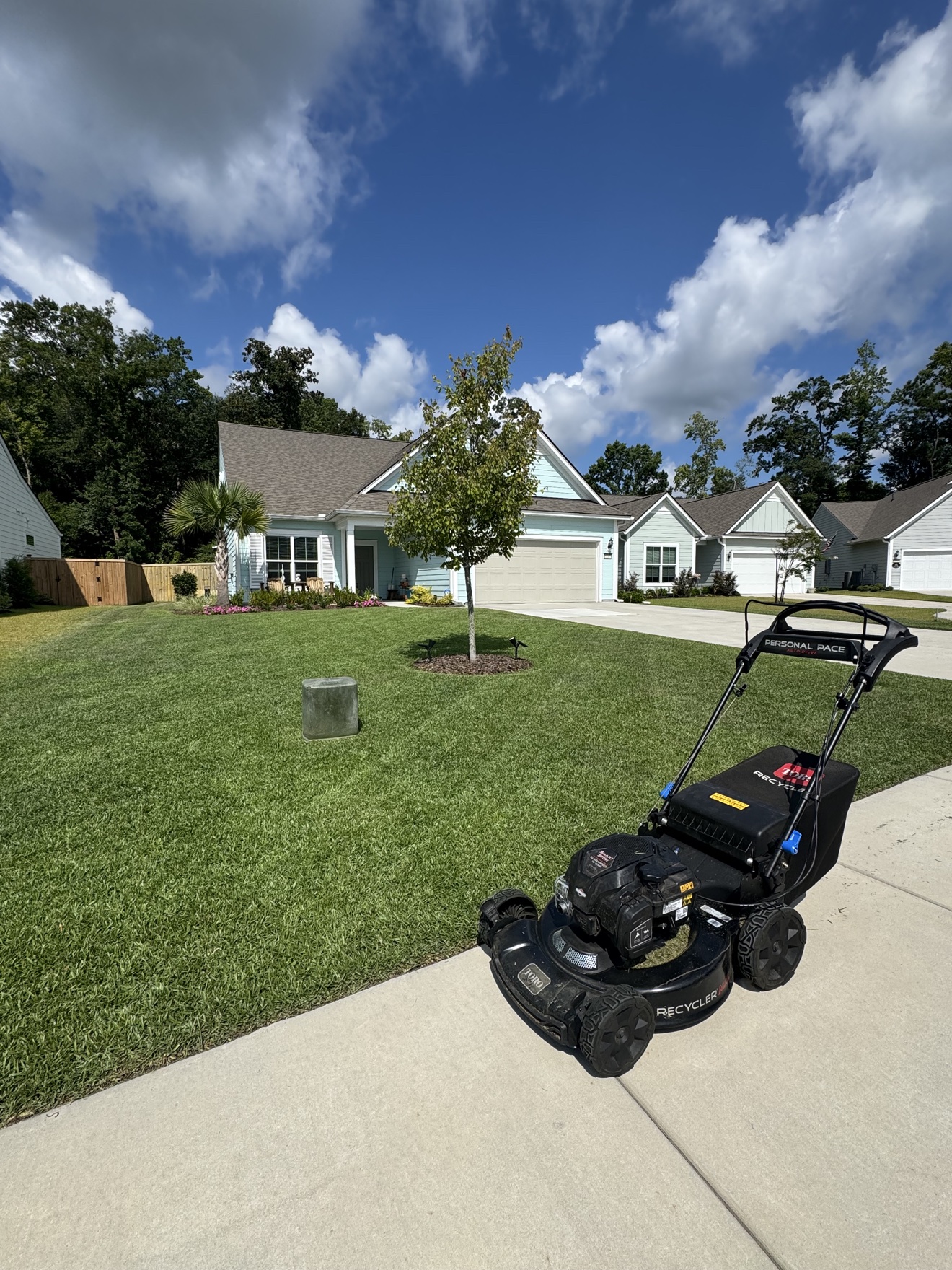 Freshly mowed front lawn with mower in front of suburban home