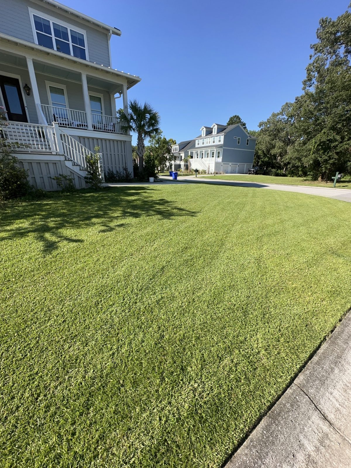 Striped fresh-cut front lawn in front of a two-story home