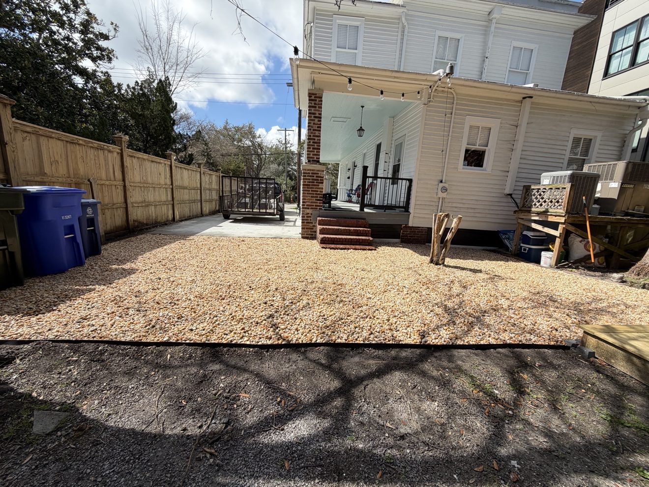 Fresh gravel rock ground cover installed beside a home